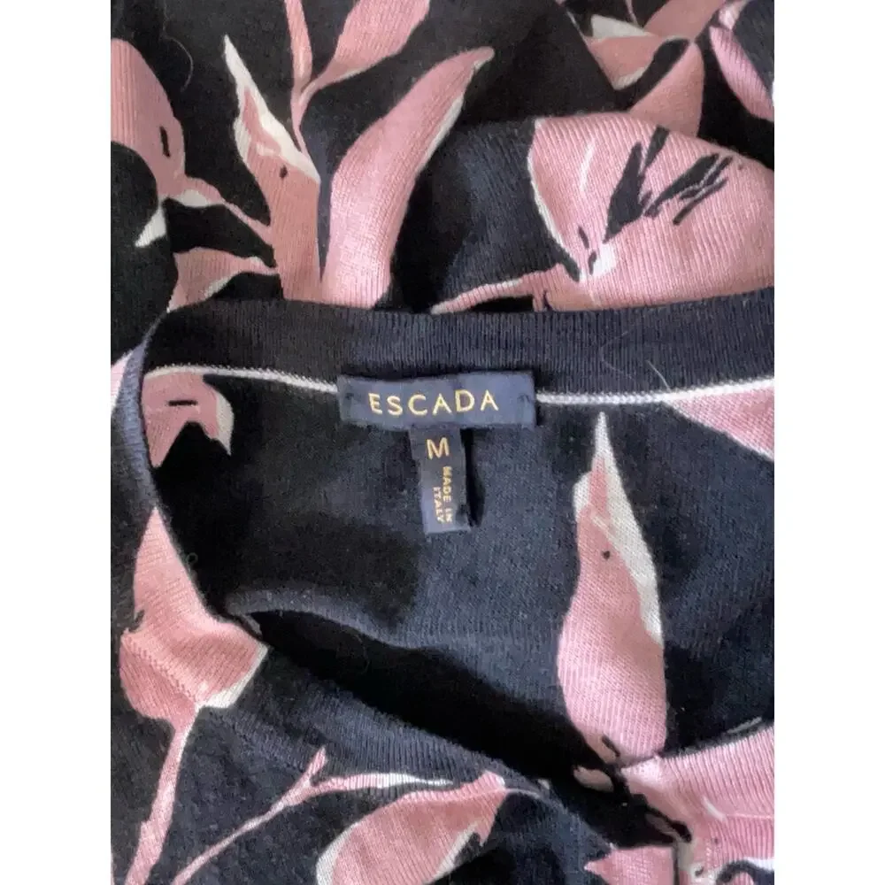 Escada Black Pink Floral Wool Silk Button Front Cardigan Size Medium